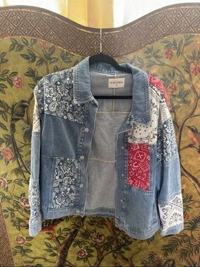 Vigoss Patchwork Bandana Denim Jacket in Blue & Red